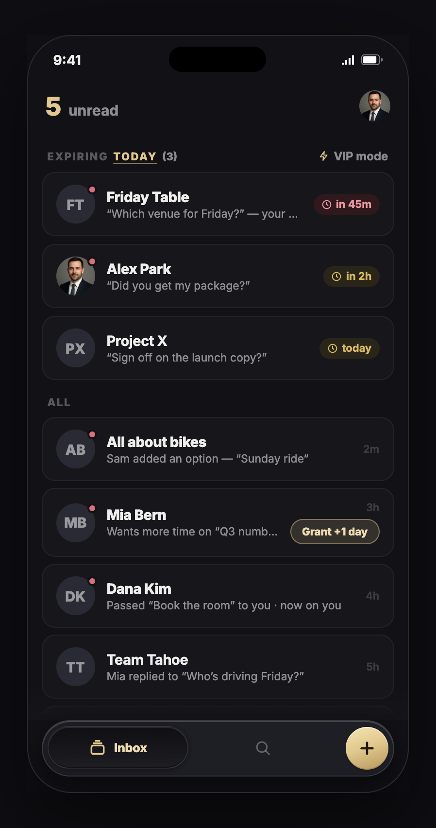 Casbu inbox — unread with deadlines and VIP mode